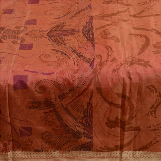 Sanskriti Vintage Sarees Peach Indian Printed Pure Silk Sari Floral Craft Sustainable Fabric