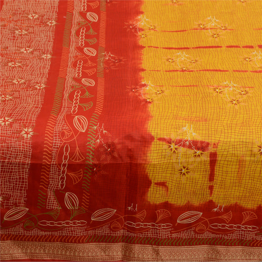 Sanskriti Vintage Sarees Yellow Tie-Dye 100% Pure Silk Printed Sari Craft Sustainable Fabric
