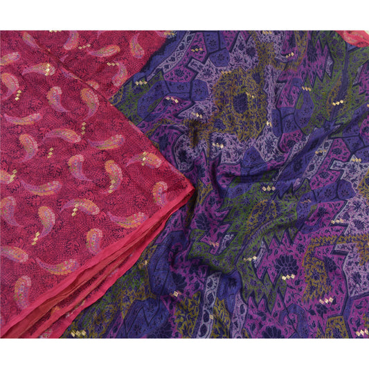 Sanskriti Vintage Sarees Pink & Blue Pure Silk Printed Woven Sari Craft Sustainable Fabric