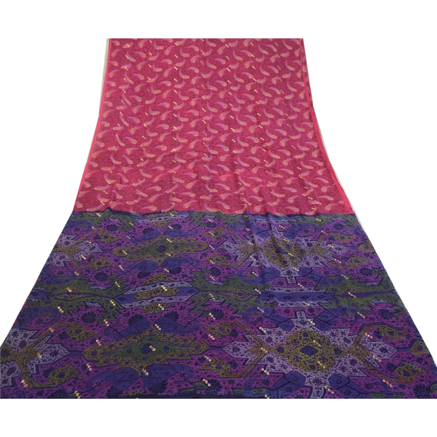 Sanskriti Vintage Sarees Pink & Blue Pure Silk Printed Woven Sari Craft Sustainable Fabric