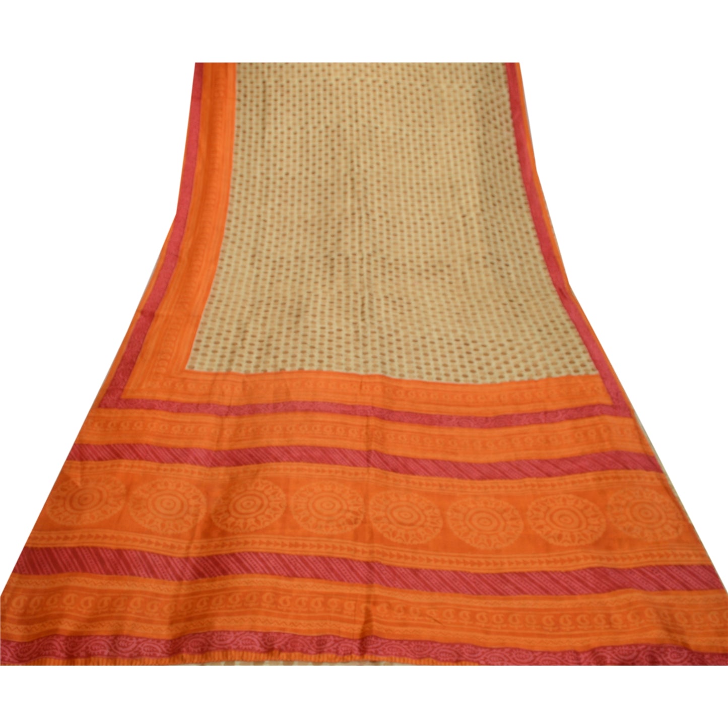 Sanskriti Vintage Sarees Cream & Orange Pure Silk Printed Sari 5yd Craft Sustainable Fabric