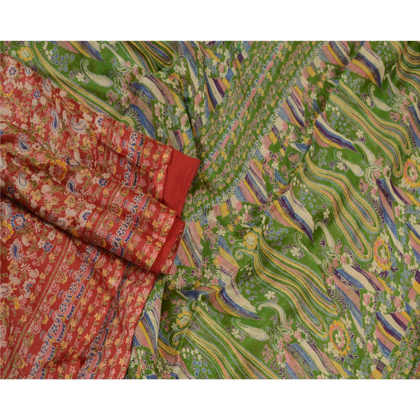Sanskriti Vintage Sarees Indian Red & Green Blend Silk Printed Sari Craft Sustainable Fabric