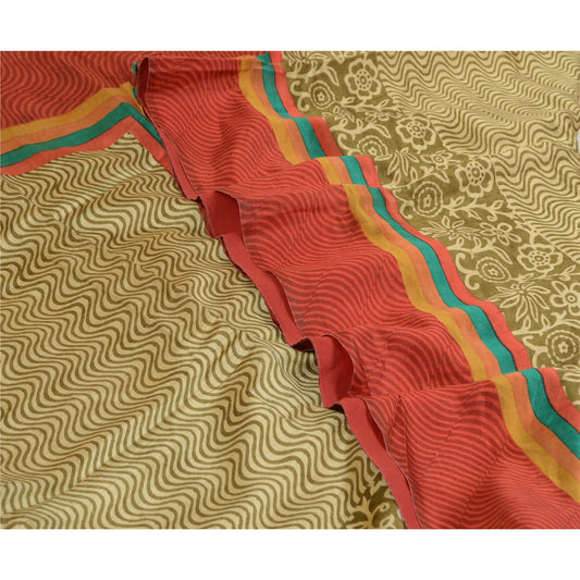 Sanskriti Vintage Sarees Indian Green & Red Printed Pure Silk Sari Craft Sustainable Fabric