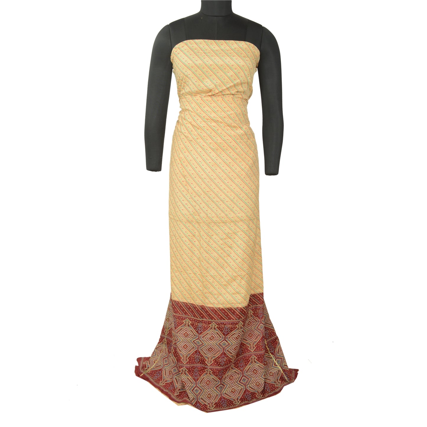 Sanskriti Vintage Sarees Cream/Red Bandhani Printed Pure Silk Sari Craft Sustainable Fabric