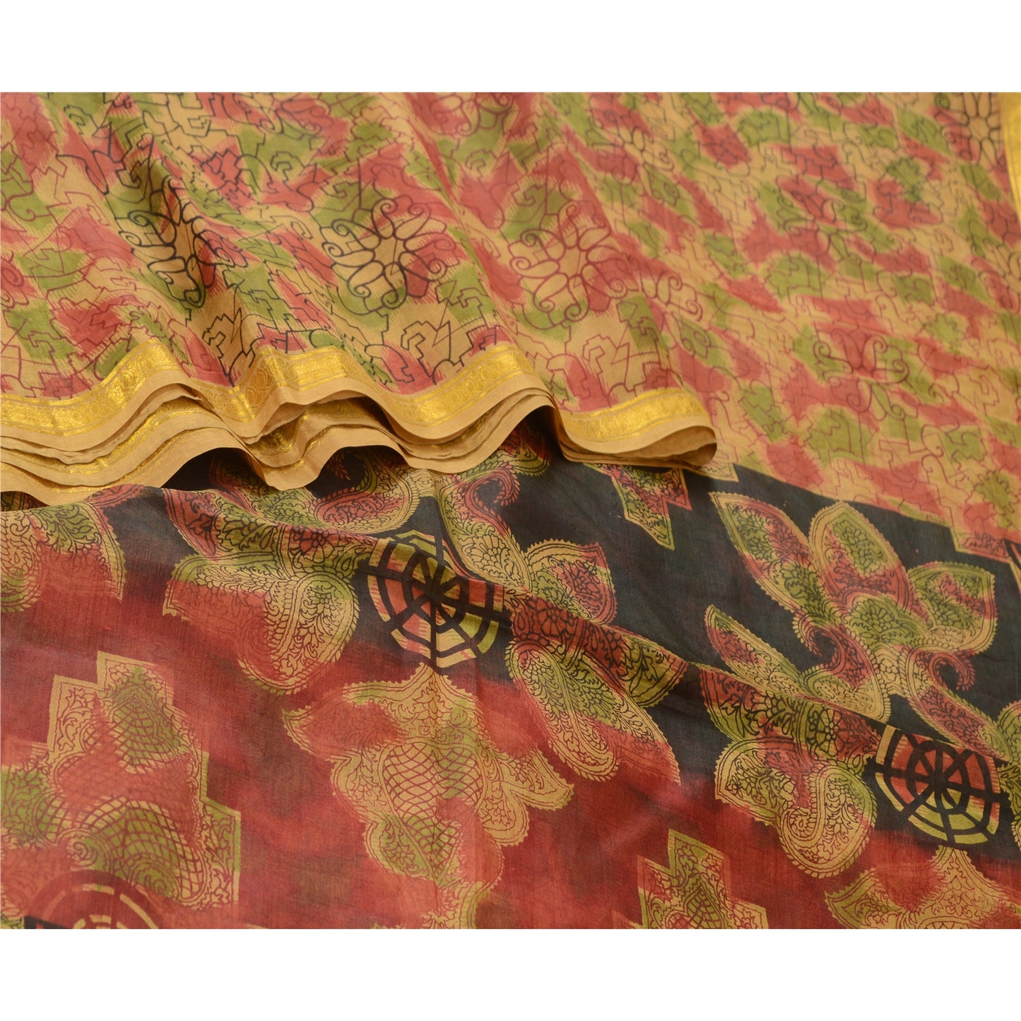 Sanskriti Vintage Sarees Brown Pure Silk Printed Zari Border Sari Craft Sustainable Fabric