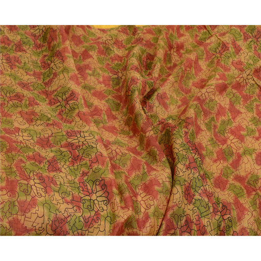 Sanskriti Vintage Sarees Brown Pure Silk Printed Zari Border Sari Craft Sustainable Fabric