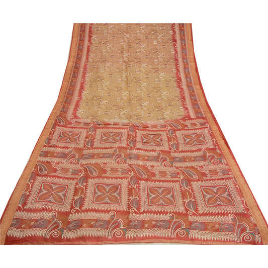 Sanskriti Vintage Saree Dark Red/Brown 100% Pure Silk 5.5+Yard Floral Printed Craft Fabric Uses-Table linen, Cushions, Curtains, Dressing