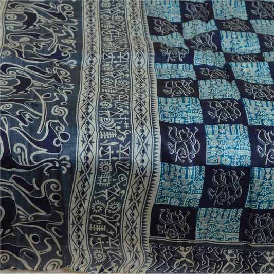 Sanskriti Vintage Sarees Gray Pure Silk Abstract Human Animal Print Sari Sustainable Fabric