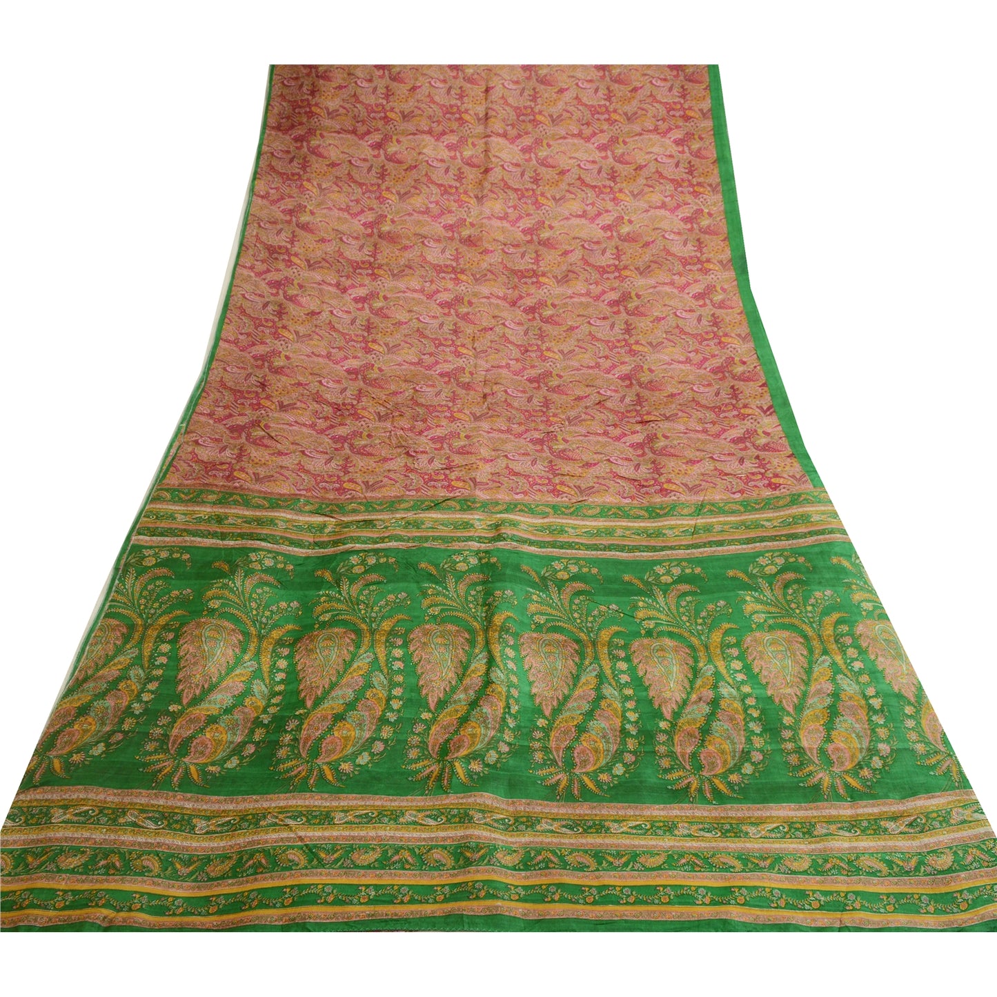 Sanskriti Vintage Sarees Pink & Green Printed Pure Silk Sari Blomsterhåndværk Bæredygtigt Stoff