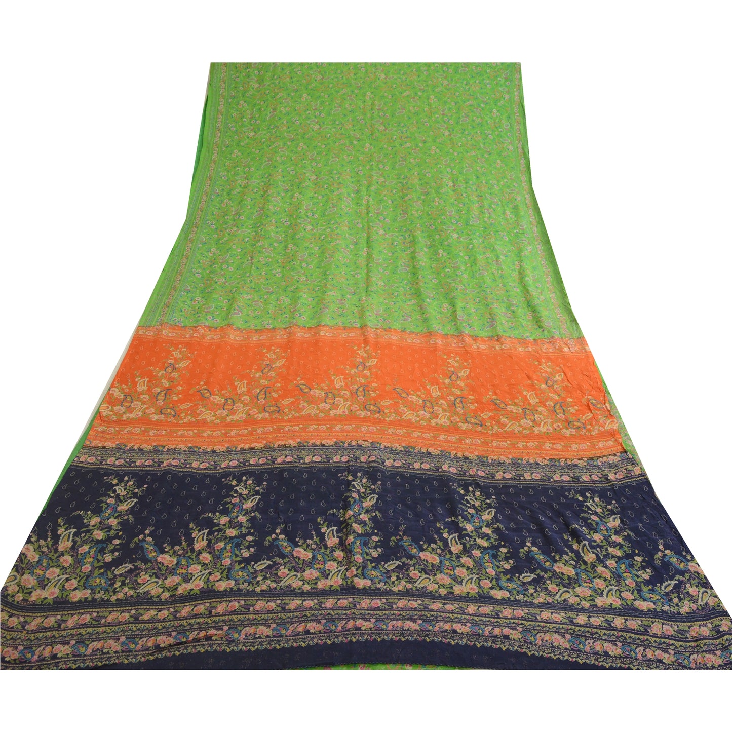 Sanskriti Vintage Sarees Green 100% Pure Silk Printed Sari Soft 5yd Craft Sustainable Fabric