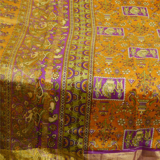 Sanskriti Vintage Sarees Saffron Zari Woven Printed Artificial Silk Sari Sustainable Fabric