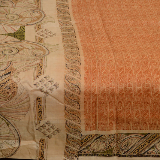 Sanskriti Vintage Sarees From India Peach Printed Pure Silk Sari Craft Sustainable Fabric