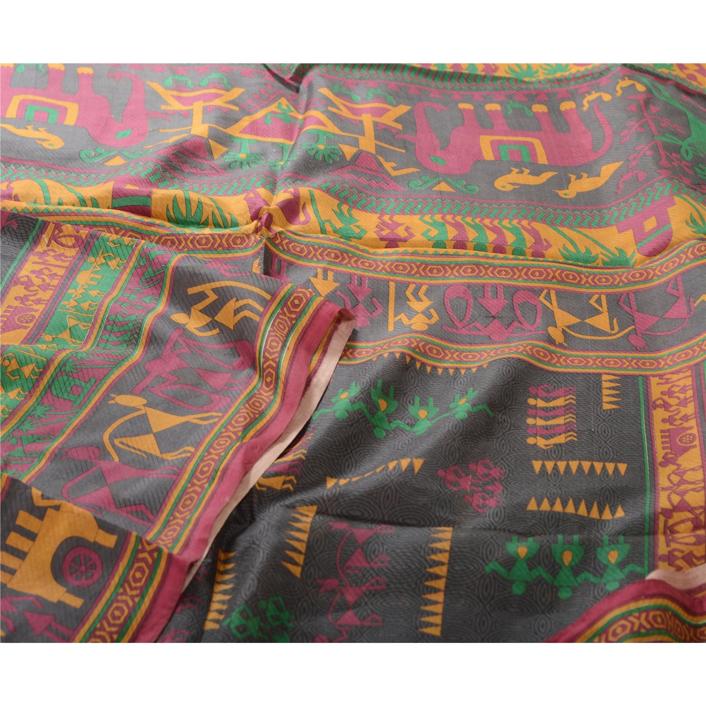 Sanskriti Vintage Sarees Grayish-Black Warli Art Printed Pure Silk Sari Sustainable Fabric