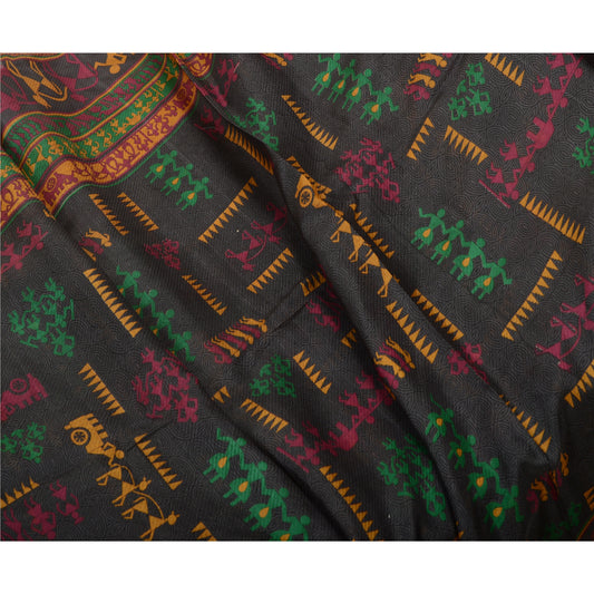 Sanskriti Vintage Sarees Grå-sorte Warli Kunsttrykt Ren Silke Sari Bæredygtigt Stof