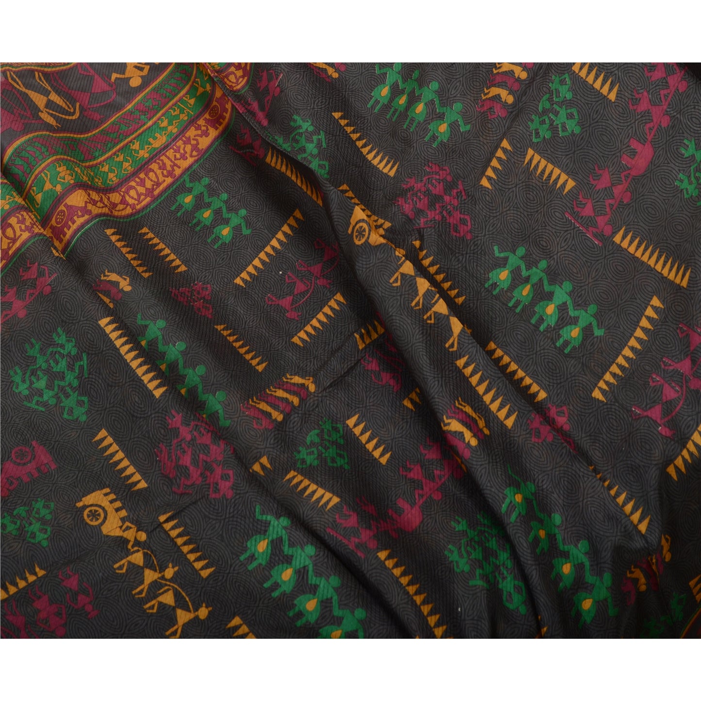 Sanskriti Vintage Saree 100% Pure Silk Saree Grayish-Black Warli Art Printed Tribal Human 5yd Craft Fabric Pre-Owned Upcycled, Recycled