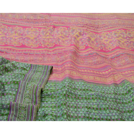 Sanskriti Vintage Sarees Indian Green & Pink Pure Silk Printed Sari Craft Sustainable Fabric