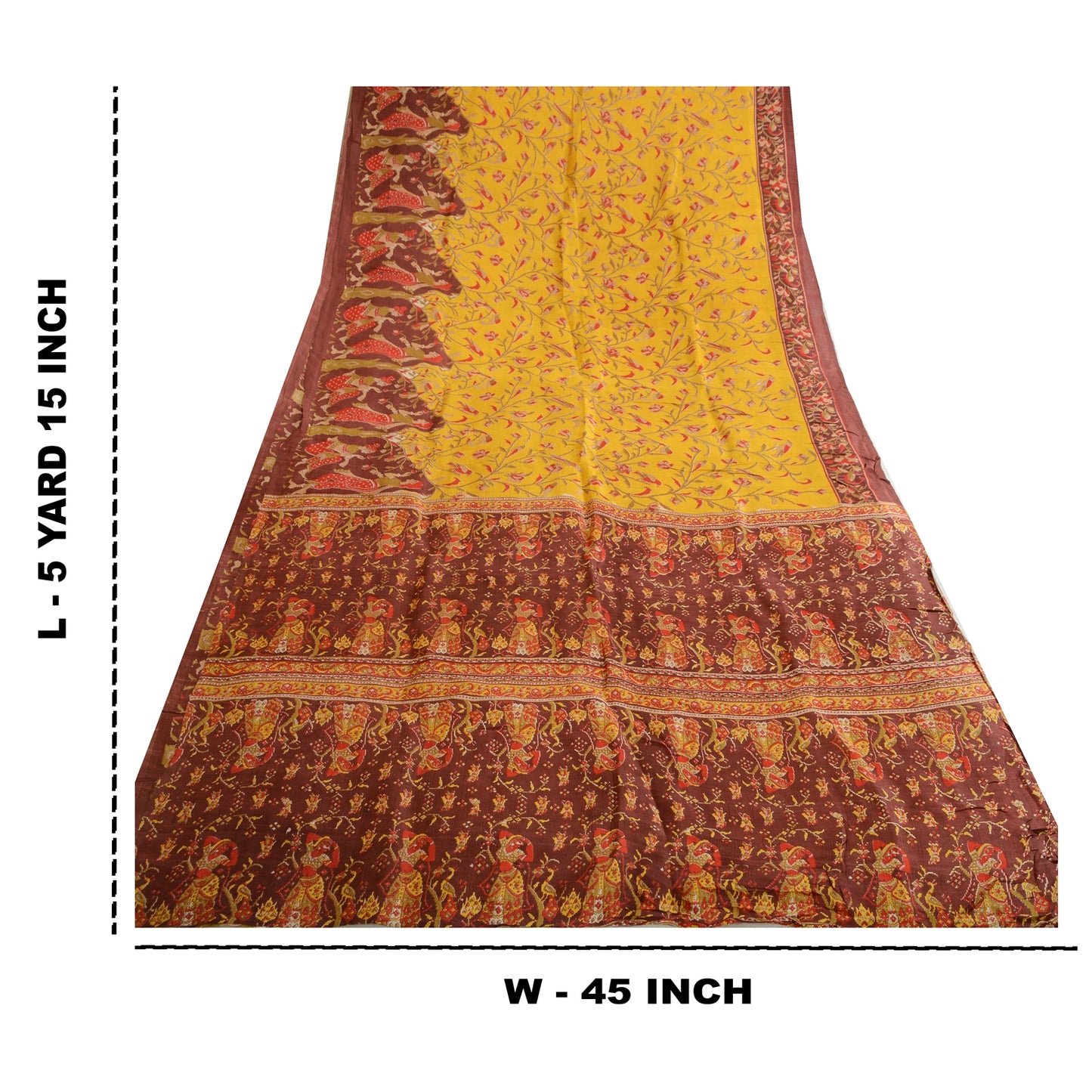 Sanskriti Vintage Sarees Yellow/Brown Women Printed Pure Silk Sari Craft Sustainable Fabric