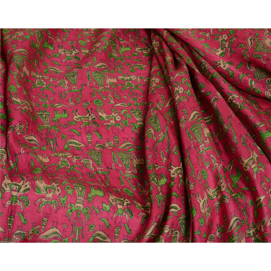 Sanskriti Vintage Sarees Fra Indien Hot-Pink Print Ren Silke Sari Håndværk Bæredygtigt Stoff