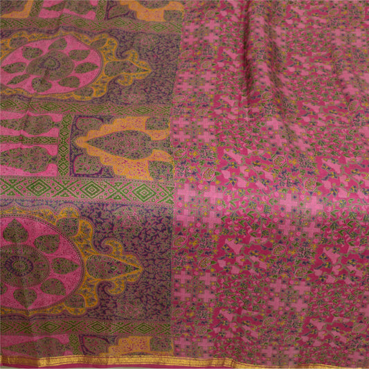 Sanskriti Vintage Sarees Pink Zari Border Pure Silk Printed Sari Craft Sustainable Fabric