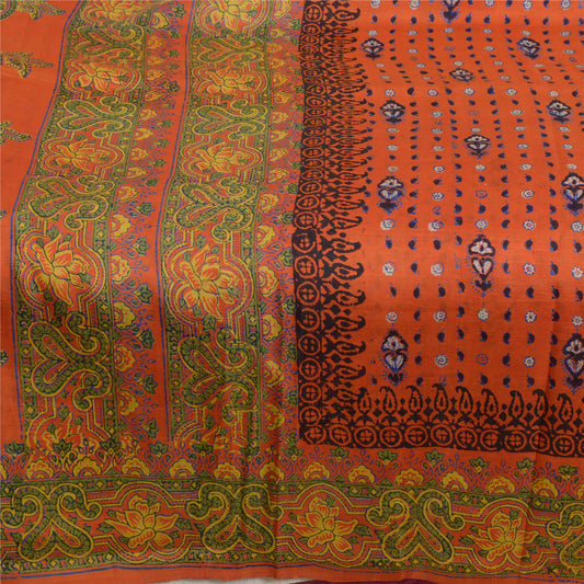 Sanskriti Vintage Sarees Orange Hand Block Printed Pure Silk Sari Craft Sustainable Fabric