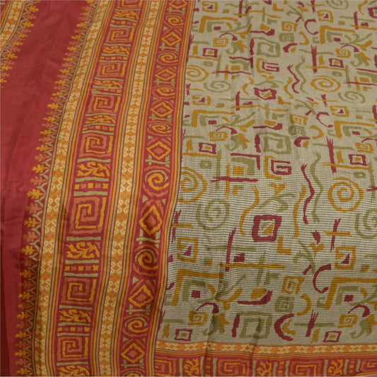 Sanskriti Vintage Sarees Ivory Indian Printed Pure Silk Sari Soft Craft Sustainable Fabric