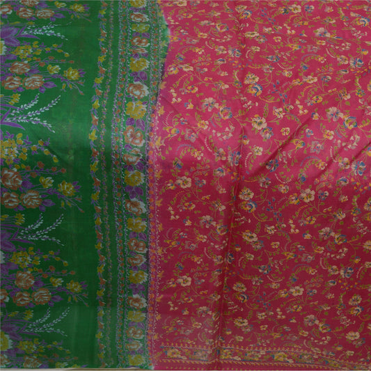 Sanskriti Vintage Sarees Pink/Green Pure Silk Printed Sari Floral Craft Sustainable Fabric