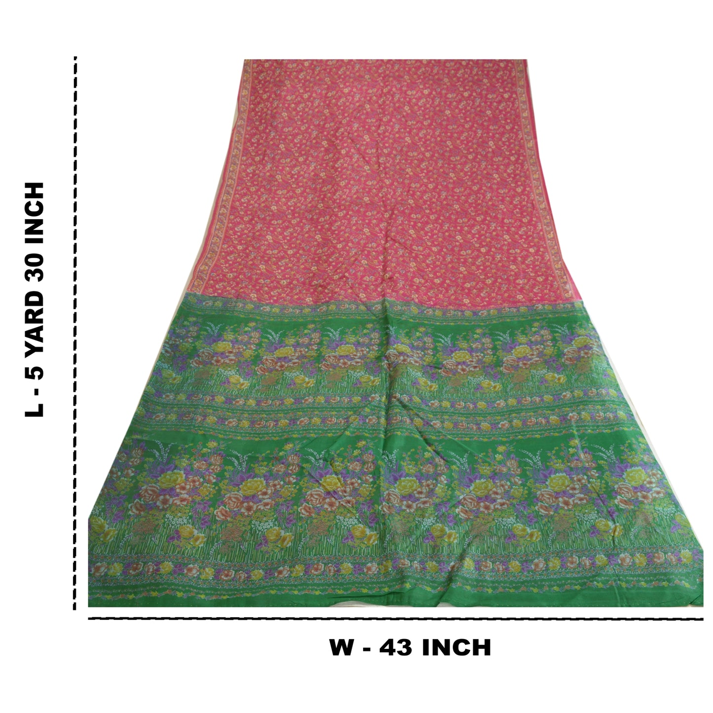 Sanskriti Vintage Sarees Pink/Green Pure Silk Printed Sari Floral Craft Sustainable Fabric