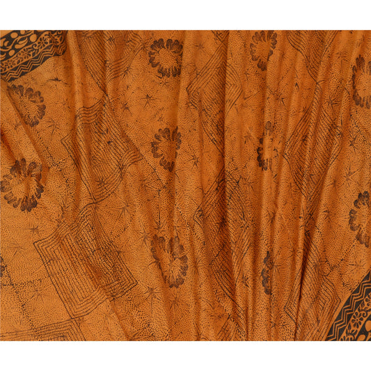 Sanskriti Vintage Sarees Saffron 100% Pure Silk Printed Sari Floral Craft Sustainable Fabric