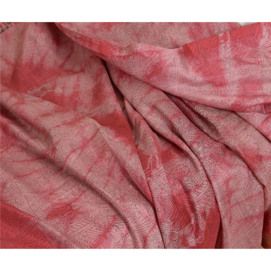 Sanskriti Vintage Sarees Red TieDye Printed Pure Silk Sari Soft 5yd Craft Sustainable Fabric