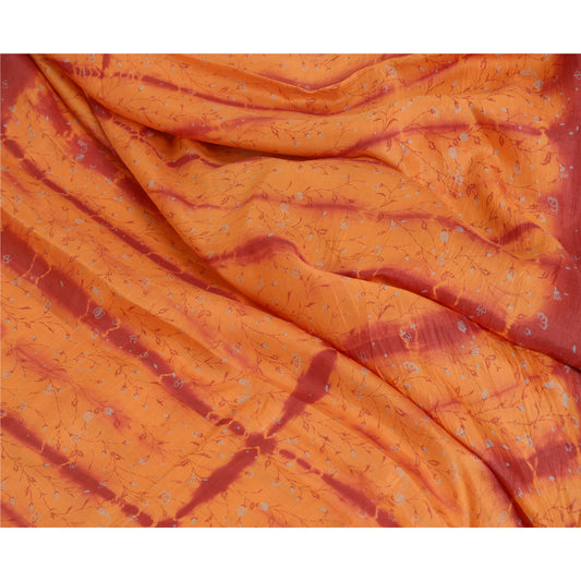 Sanskriti Vintage Sarees Saffron/Red Tie-Dye Printed Pure Silk Sari Craft Sustainable Fabric