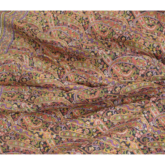 Sanskriti Vintage Sarees Black/Red Printed Pure Silk Sari 5yd Soft Craft Sustainable Fabric