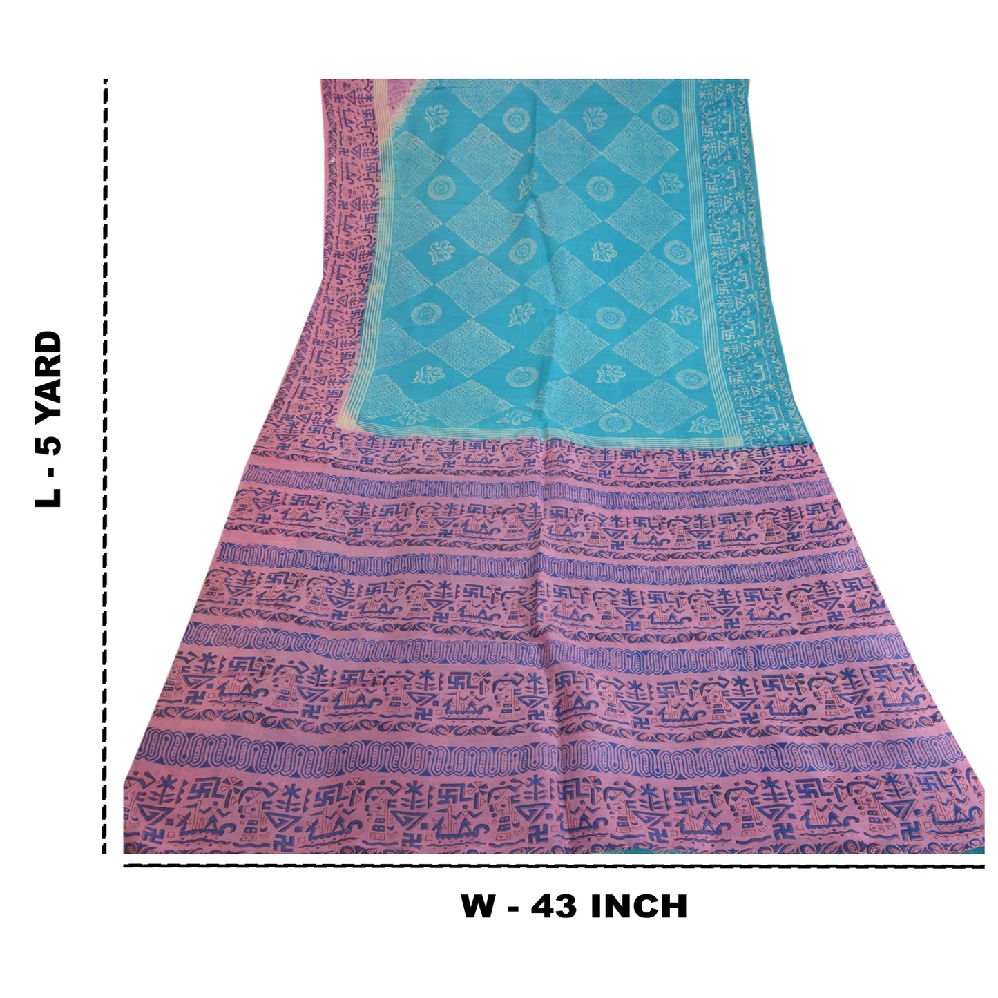 Sanskriti Vintage Sarees Blue/Pink Printed Pure Silk Sari Soft 5yd Craft Sustainable Fabric