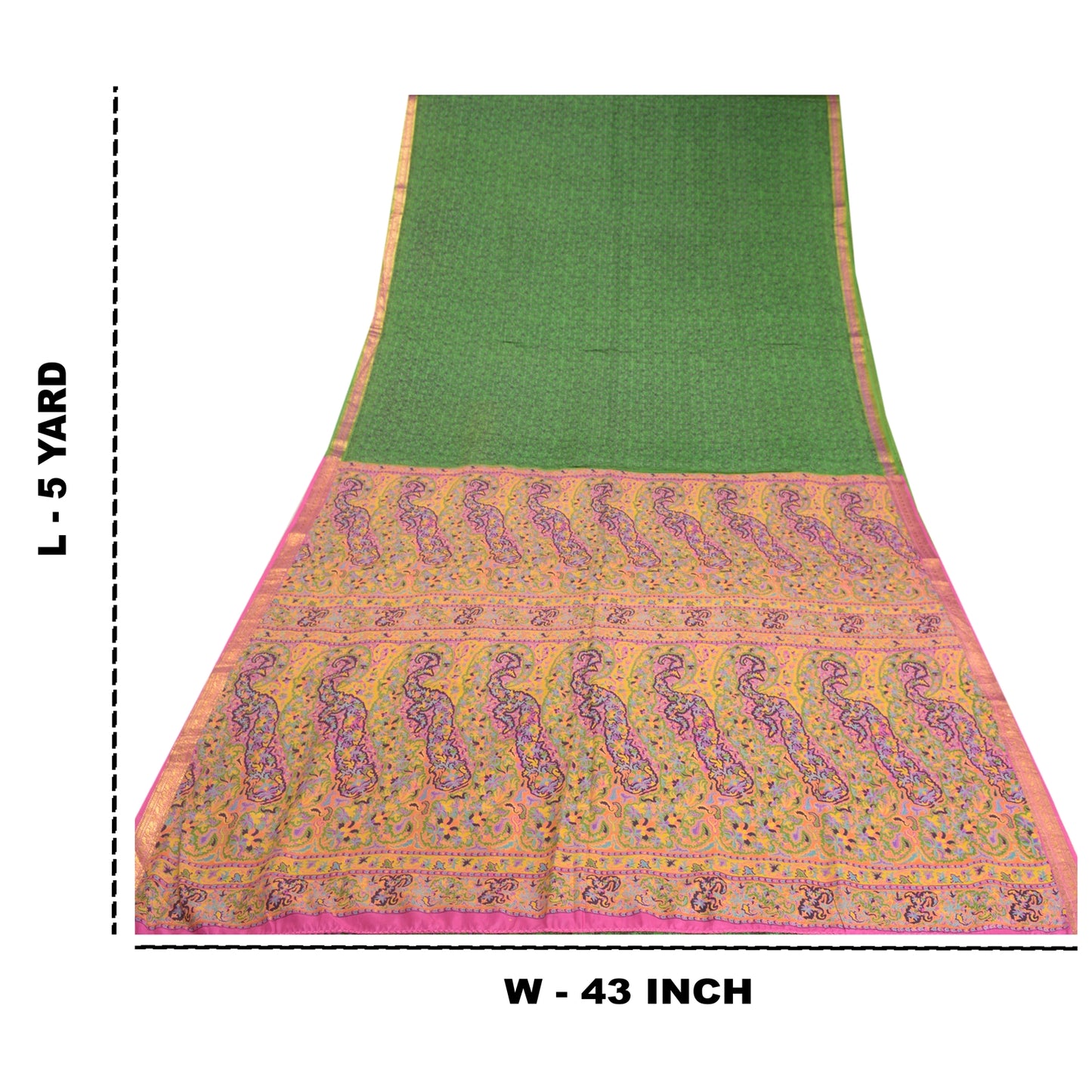 Сари Sanskriti Vintage Green Zari Border Printed Pure Silk Sari Craft Sustainable Fabric