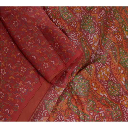 Sanskriti Vintage Sarees Indian Red Printed 100% Pure Silk Sari 5yd Craft Sustainable Fabric