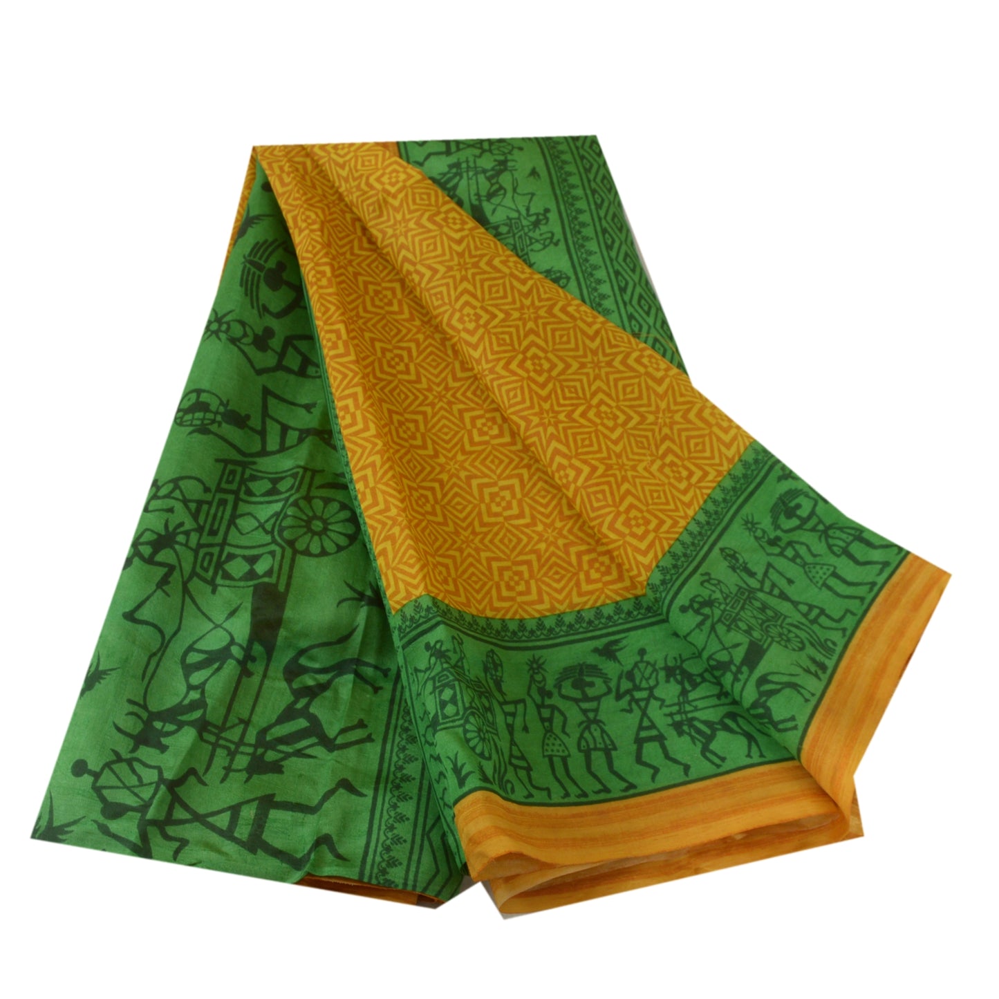 Sanskriti Vintage Sarees Yellow/Green Warli Art Printed Pure Silk Sari Sustainable Fabric