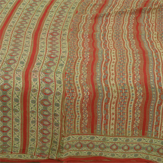 Sanskriti Vintage Sarees Indian Green/Red Pure Silk Printed Sari Craft Sustainable Fabric