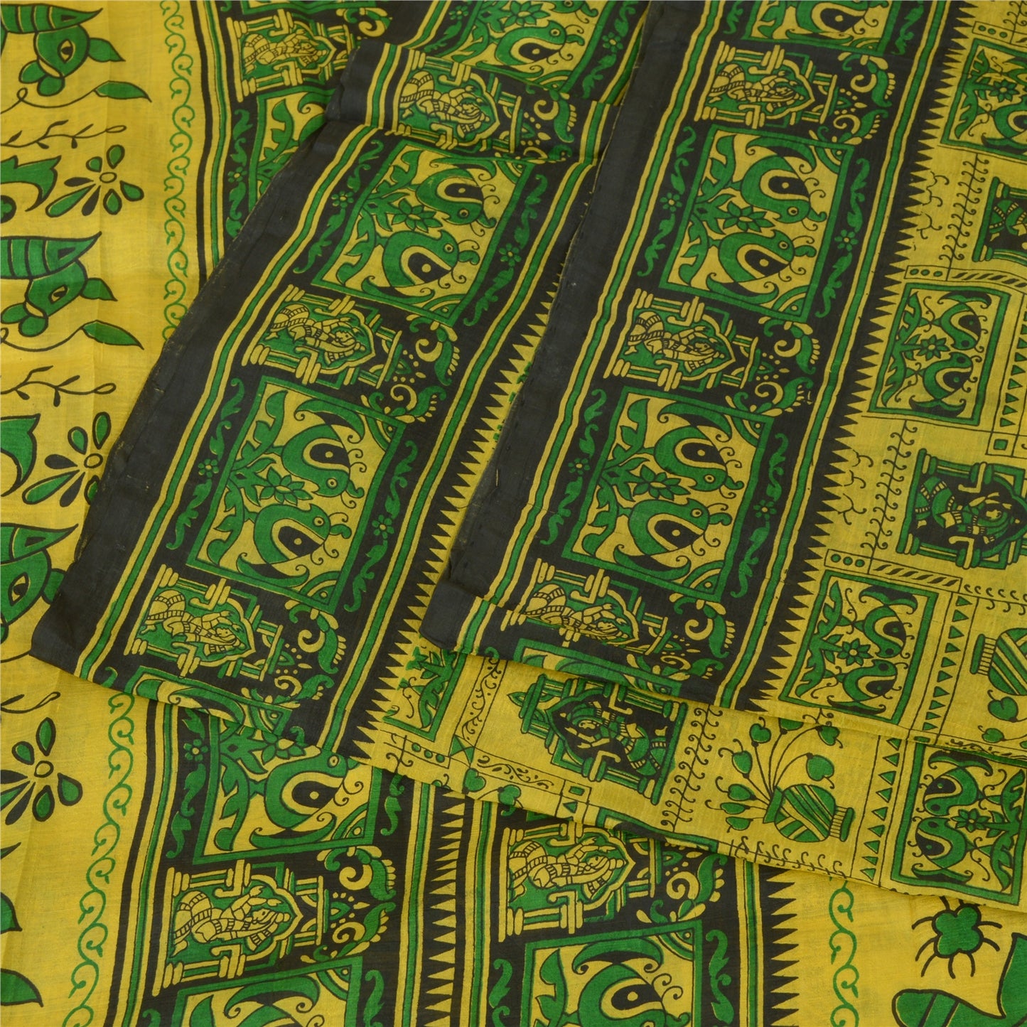 Sanskriti Vintage Sarees Indian Yellow/Green Pure Silk Printed Sari Craft Sustainable Fabric