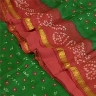 Sanskriti Vintage Sarees Green/Red Bandhani Printed Zari Pure Silk Sari Fabric