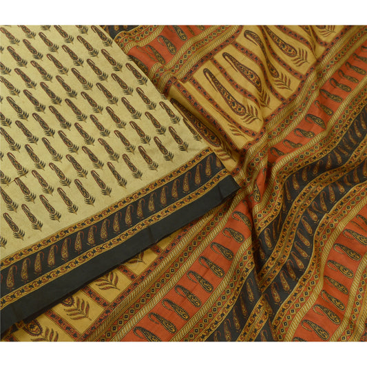 Sanskriti Vintage Sarees Shades Of Cream Pure Silk Printed Sari 5yd Craft Sustainable Fabric