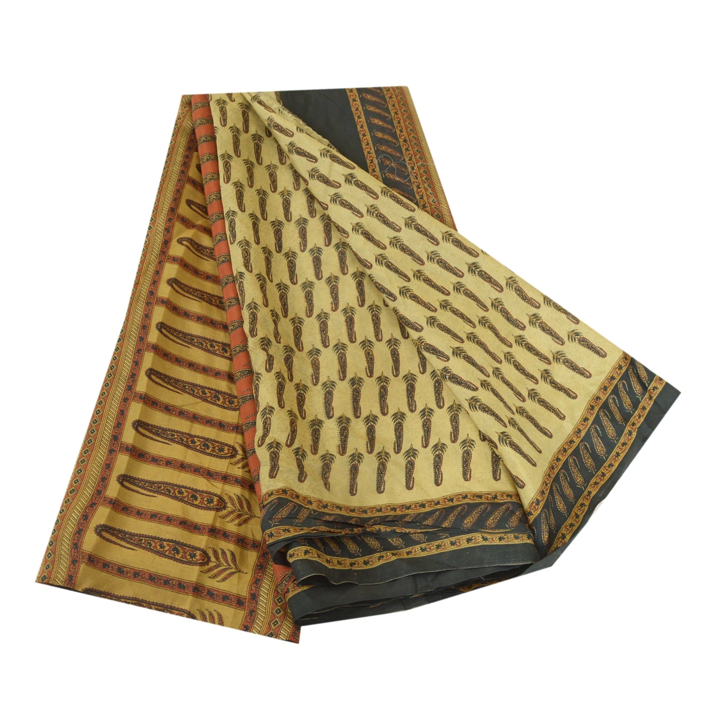 Sanskriti Vintage Sarees Shades Of Cream Pure Silk Printed Sari 5yd Craft Sustainable Fabric