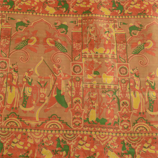 Sanskriti Vintage Sarees Human Animal Printed Zari Border Pure Silk Sari Sustainable Fabric