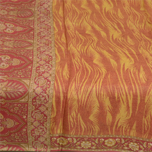Sanskriti Vintage Sarees Red/Yellow Pure Silk Printed Sari Soft 5yd Craft Sustainable Fabric