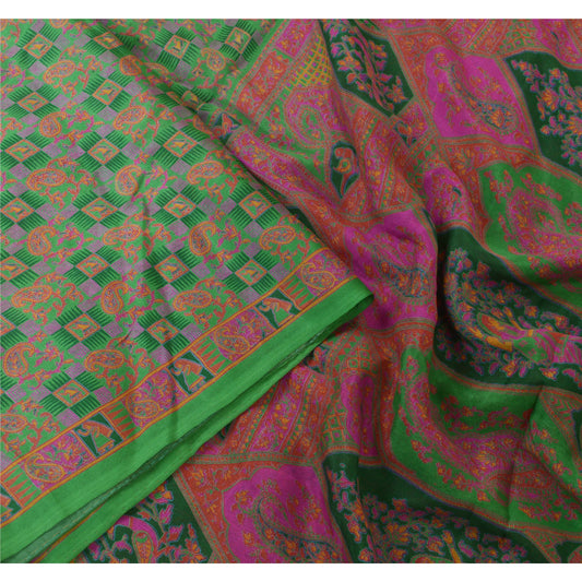 Sanskriti Vintage Sarees Indian Green 100% Pure Silk Printed Sari Craft Sustainable Fabric