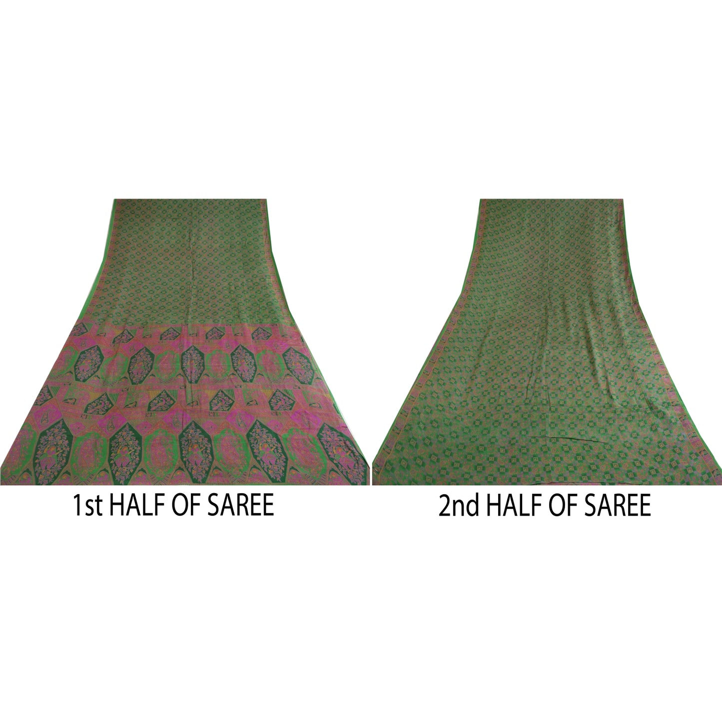 Sanskriti Vintage Sarees Indian Green 100% Pure Silk Printed Sari Craft Sustainable Fabric