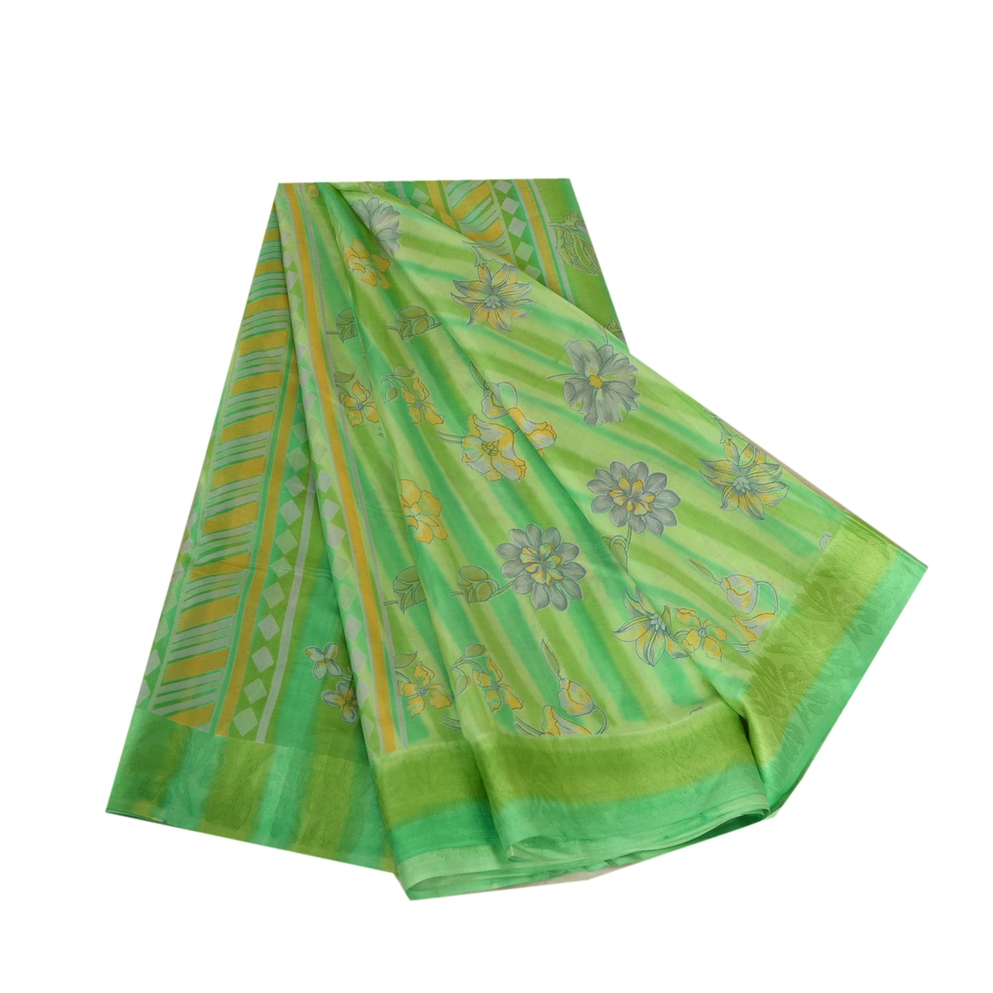 Sanskriti Vintage Sarees From India Green Pure Silk Printed Sari Craft Sustainable Fabric