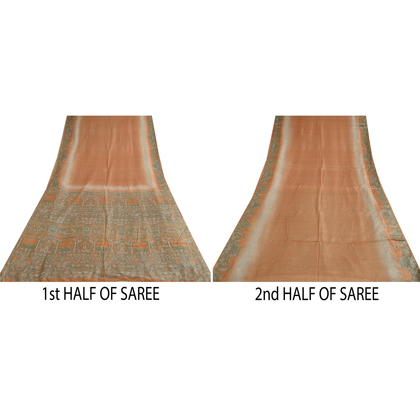 Sanskriti Vintage Sarees Indian Peach/Green Pure Silk Printed Sari Craft Sustainable Fabric