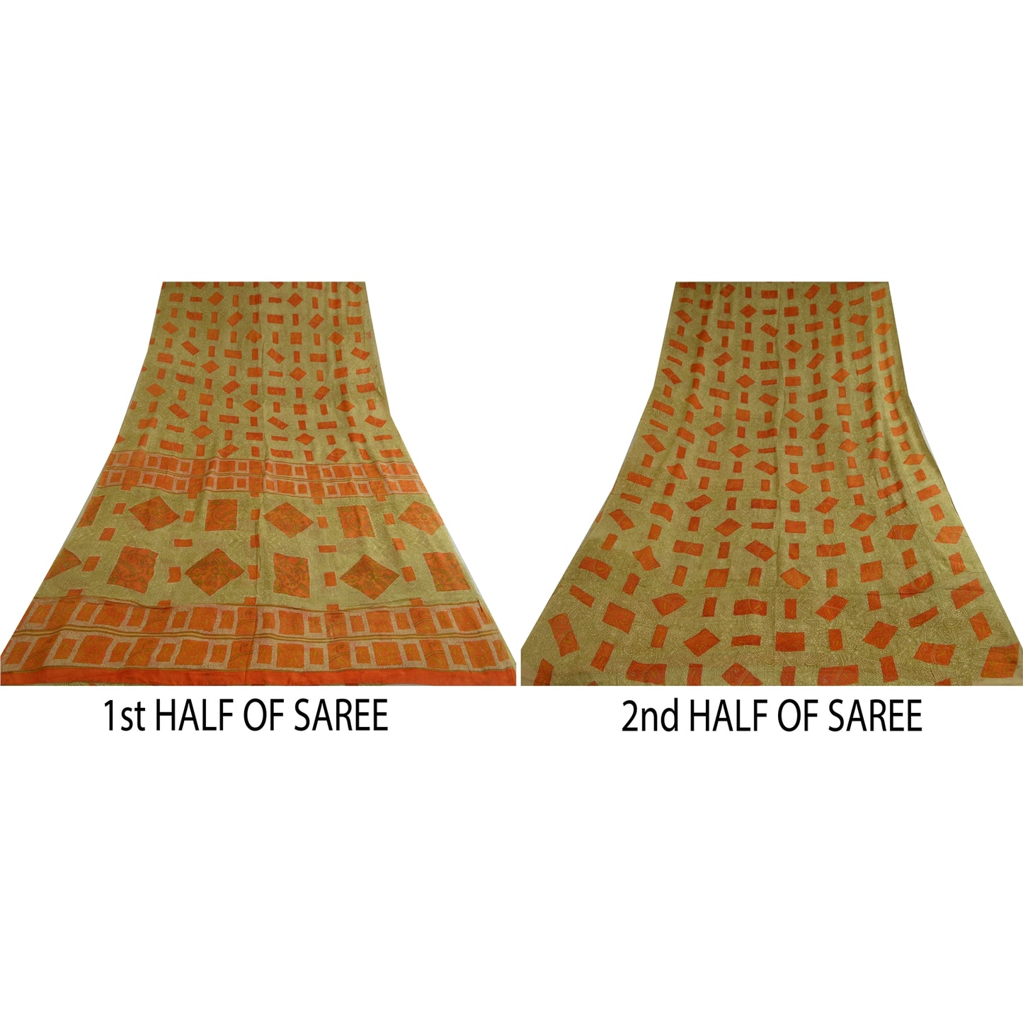 Sanskriti Vintage Sarees Green/Orange Pure Silk Printed Sari 5yd Craft Sustainable Fabric