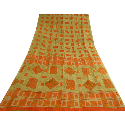 Sanskriti Vintage Sarees Green/Orange Pure Silk Printed Sari 5yd Craft Sustainable Fabric