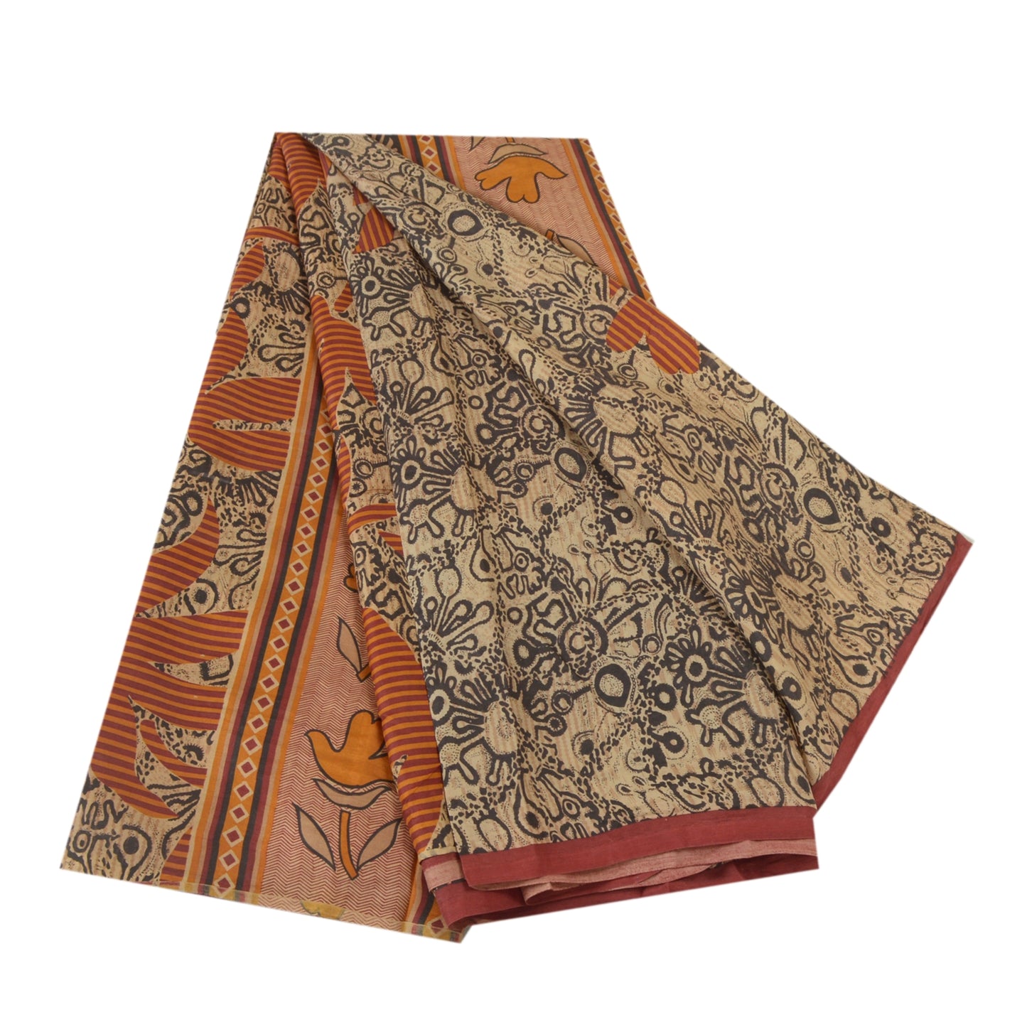 Sanskriti Vintage Sarees Black/Orange 100% Pure Silk Printed Sari Craft Sustainable Fabric