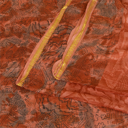 Sanskriti Vintage Sarees Orange Zari Border Printed Pure Silk Sari Craft Sustainable Fabric